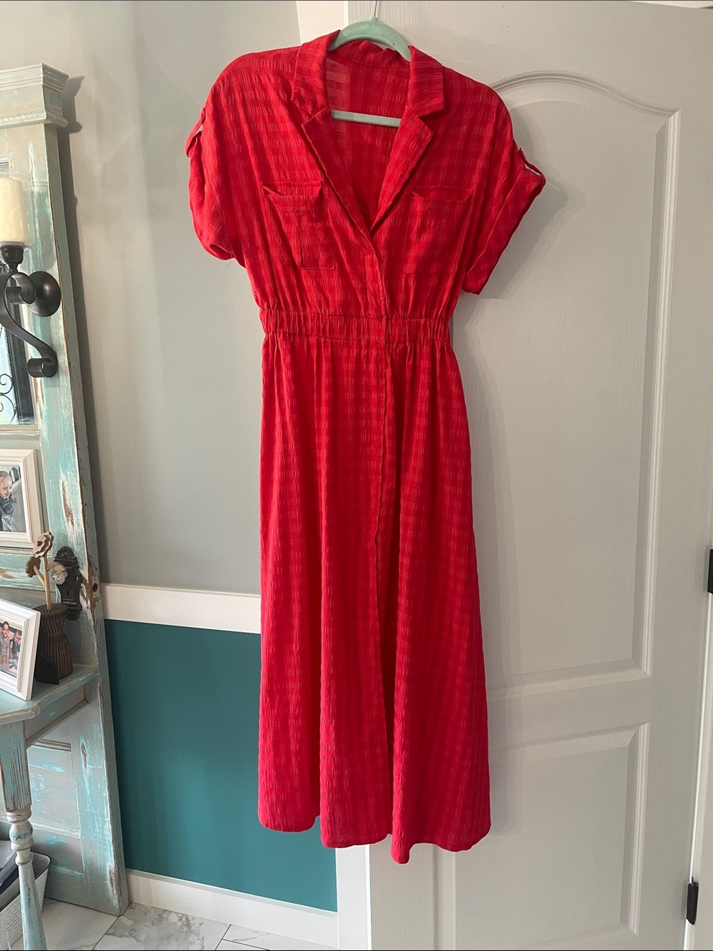Red Maxi Shirt Dress with Elastic Waist
